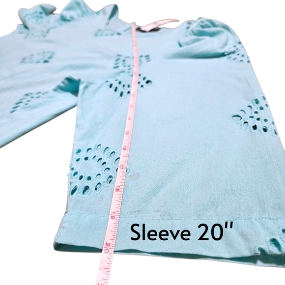 NWT New York & Company Eyelet Puff Sleeve Blouse M Aqua Blue Back Button Up - Picture 11 of 12